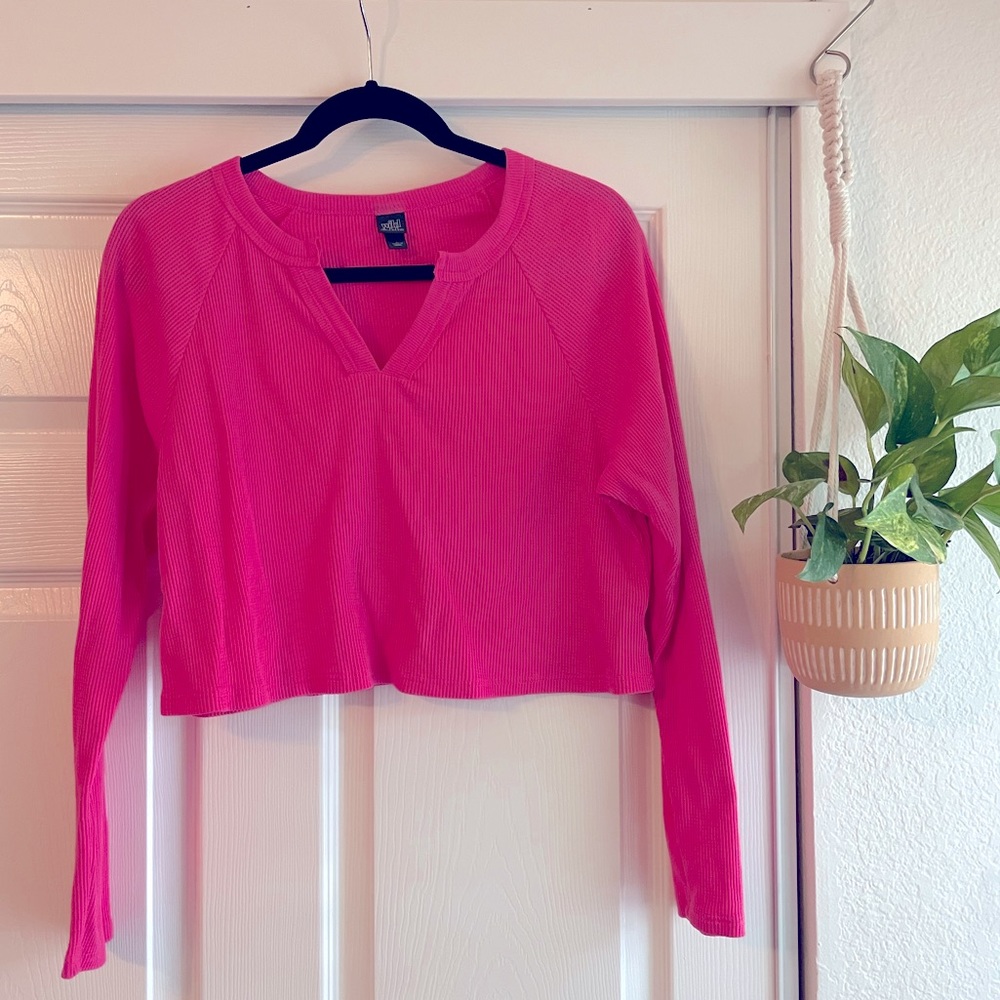 Wild Fable Hot Pink Crop Long Sleeve Waffle Knit